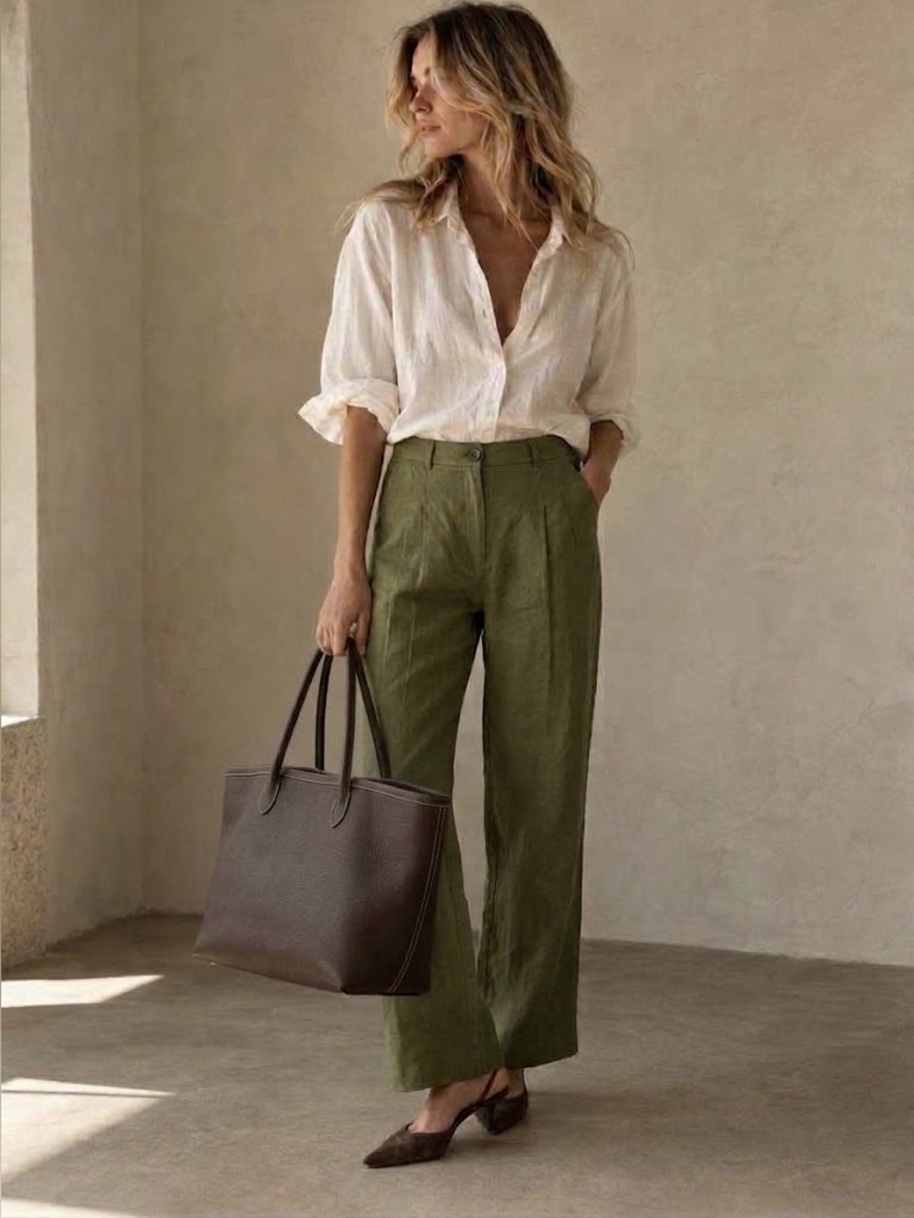 Banana Republic Olive Green Wide-Leg 100%  Linen Pants